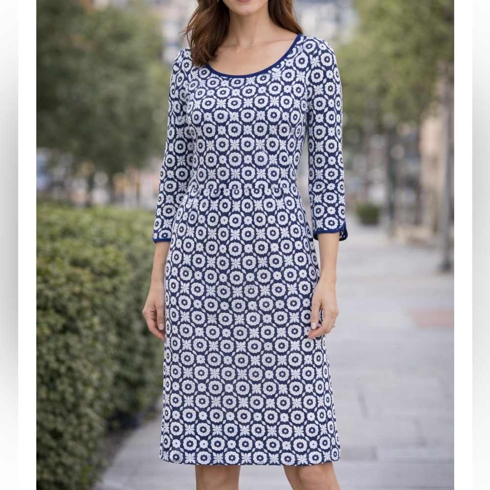 Boden Jessie Jersey Navy and White Geometric Scoop-Neck Midi Dress